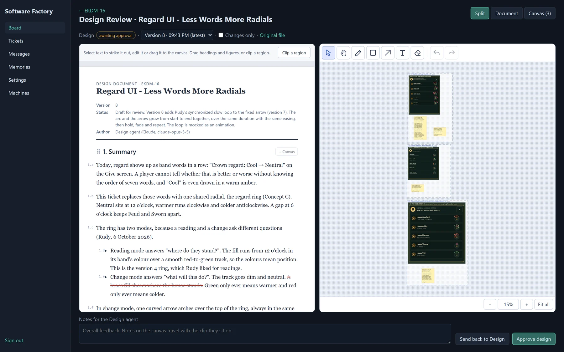 Software Factory design review page with a design document beside an annotation canvas