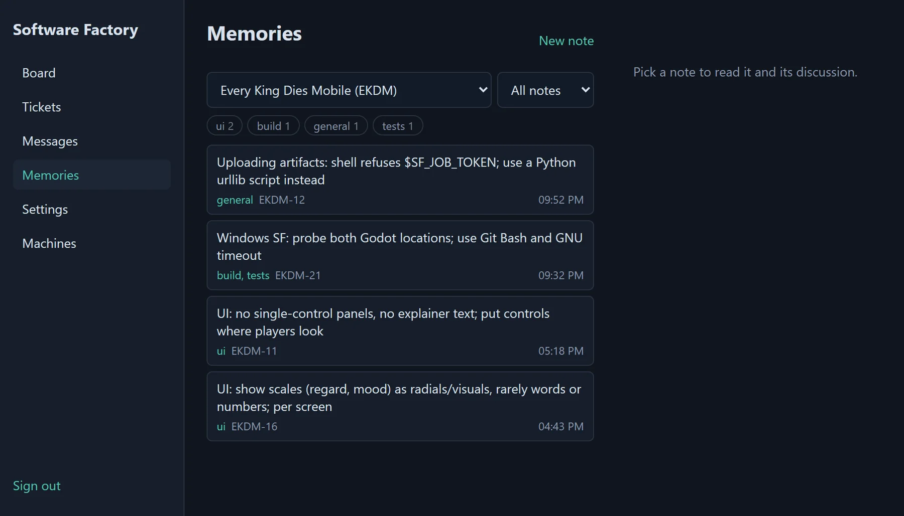 Memories page listing four notes for Every King Dies Mobile