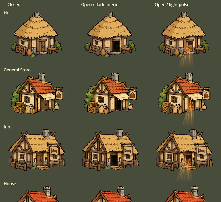 Grid of early Tribe buildings (hut, general store, inn, house, infirmary, school) in three columns: closed, open with dark interior, and open with light pulse