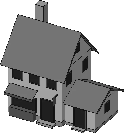 Grey block model of the Town General Store: a two-storey shop with a side storeroom, awning and chimney