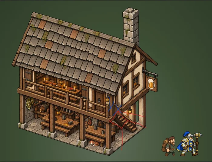 The owner's stair sketch drawn over a tavern painting, with lines marking where the stair should wrap to a front landing