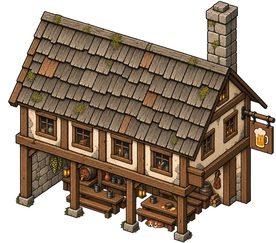 Town Tavern painting r1: second storey with a row of windows over the open hall