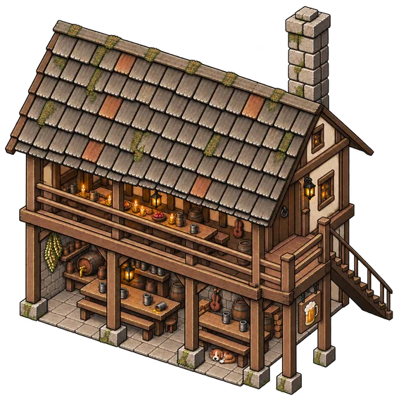 Town Tavern painting r16, approved: wrap-around stair to a front landing, open upper floor
