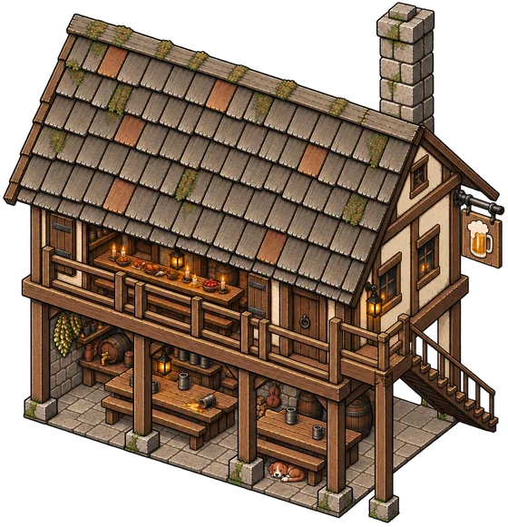 Town Tavern painting r8: open upper gallery with an outside stair