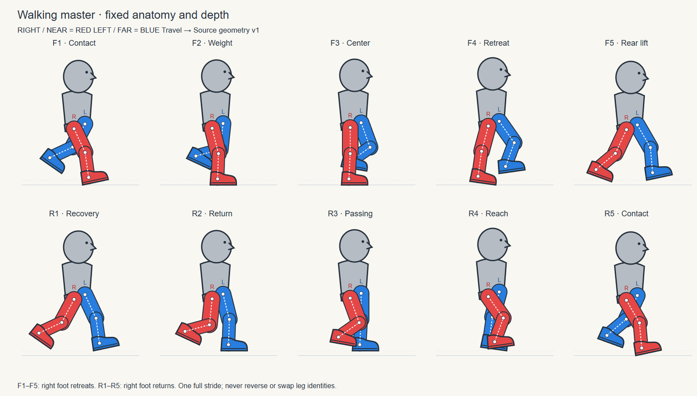 Ten-pose walking master sheet: a simple grey figure with one red leg and one blue leg shown in ten phases, F1 Contact through R5 Contact.