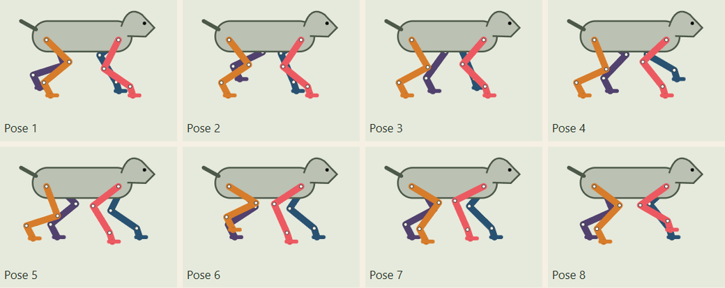 Eight-pose neutral quadruped walking master: a simple grey animal body with four legs colored orange, purple, pink and navy.